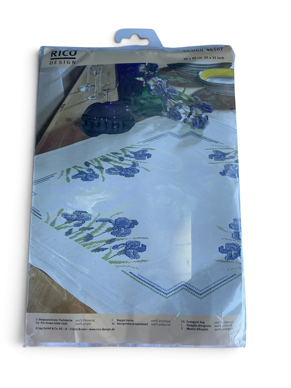 Vintage Rico Design Blue Iris Tablecloth Stamped Embroidery Kit Complete